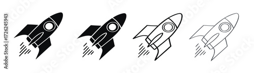 Vintage-style cartoon vector illustration of a space rocket launch icon set with a spaceship, shuttle, and missile 
