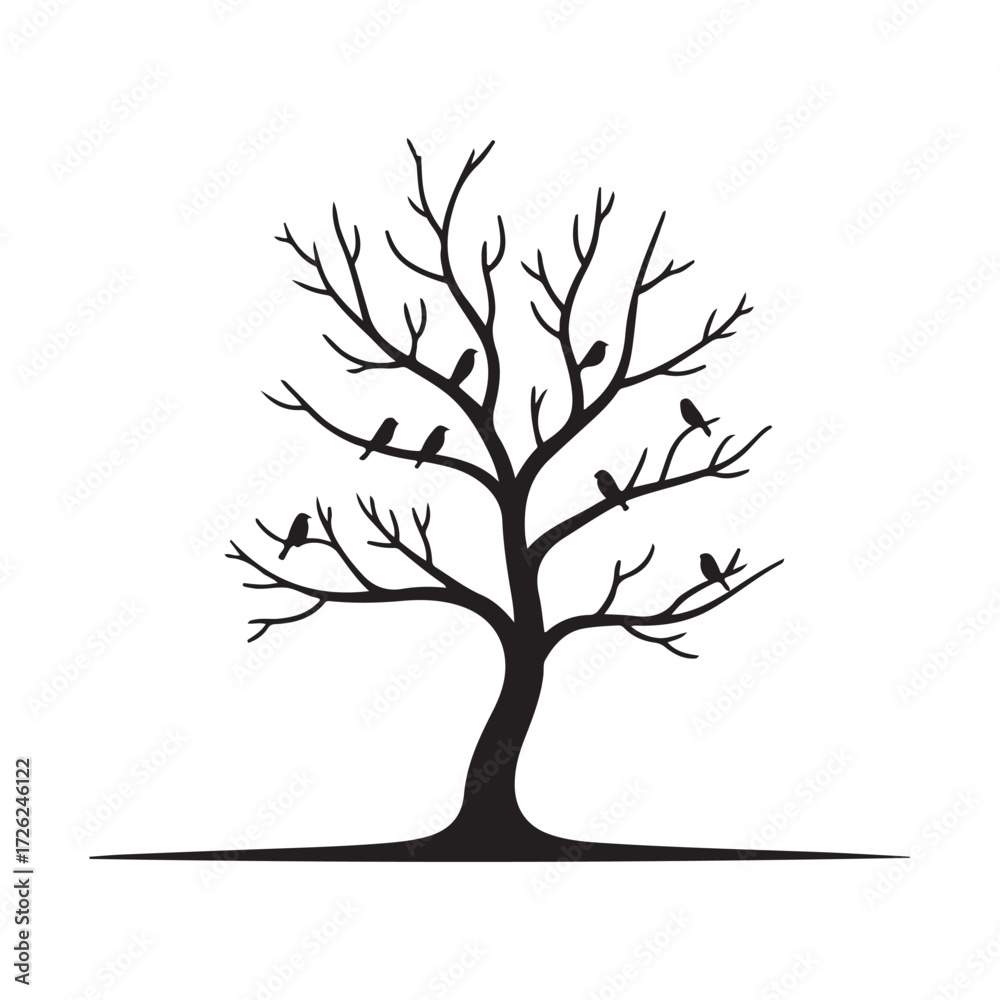 Obraz premium Black Silhouette of Tree with Birds. Stylized Black Trees with Flying Birds and Falling Leaves