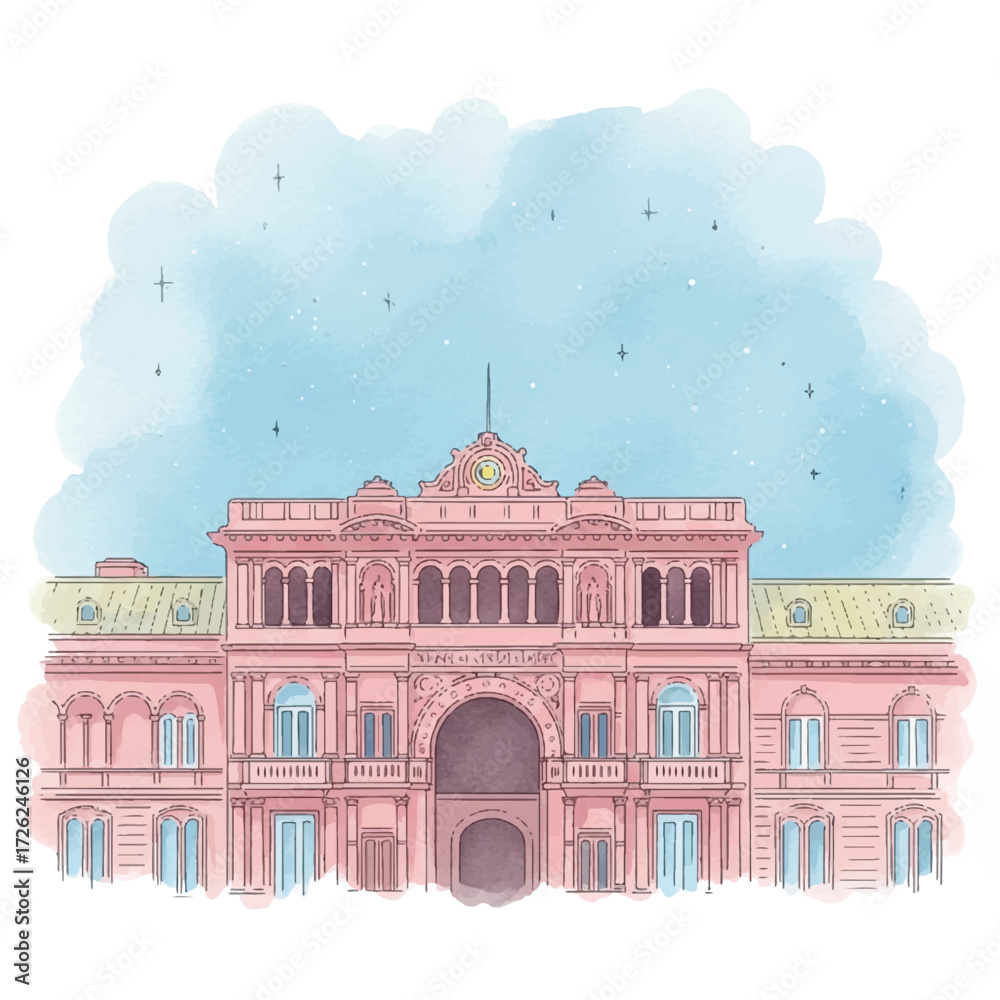 Watercolor illustration of Casa Rosada, the presidential palace in Buenos Aires, Argentina, set against a soft blue sky with subtle star-like details.