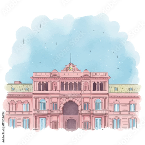 Watercolor illustration of Casa Rosada, the presidential palace in Buenos Aires, Argentina, set against a soft blue sky with subtle star-like details.