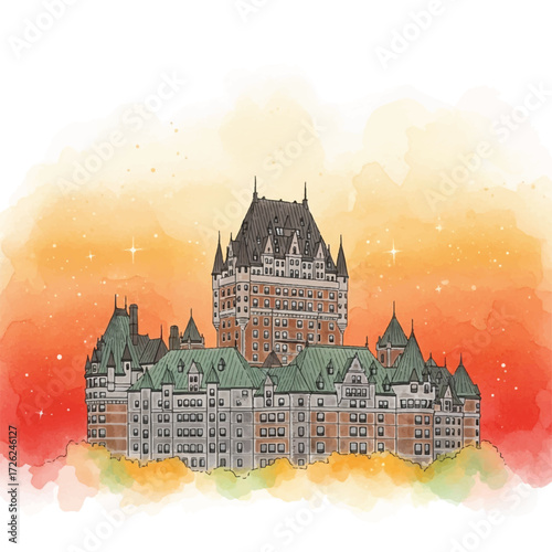 Illustration of the Chateau Frontenac hotel in Quebec City, Canada, with a watercolor background in warm sunset colors.