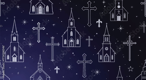 Seamless pattern featuring white line art of churches and crosses on a gradient blue background with stars.