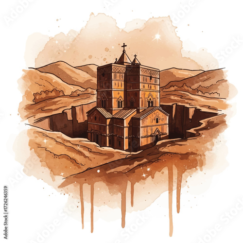 Watercolor illustration of a medieval-style building with a cross on top, situated in a hilly landscape with a warm, earthy color palette and dripping paint effect.