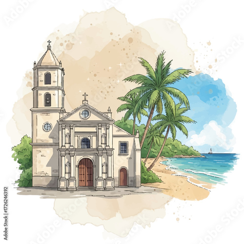 Watercolor illustration of a colonial-style church with a bell tower, situated near a tropical beach with palm trees and turquoise water.