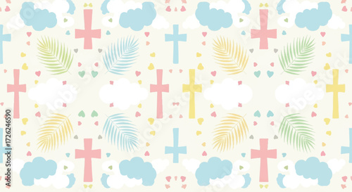 Seamless pattern featuring pastel crosses, palm leaves, clouds, and hearts on a light background.
