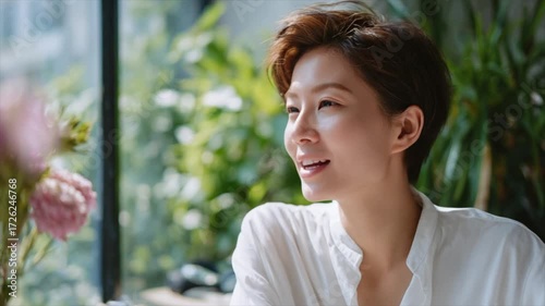 a beautiful woman with short hair in white smiles and looks at the flowers