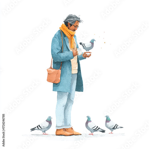 Man in blue coat and orange scarf feeding pigeons.