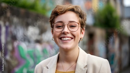 a beautiful woman with short hair and glasses smiles