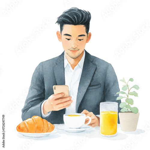 Man in suit having breakfast and checking phone.