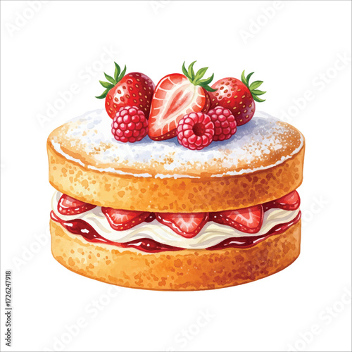 Watercolor Vector Illustration of Victoria Sponge Cake with Strawberries and Cream Filling on White Background
