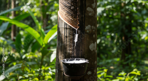 Rubber tree sap dripping into a collection bucket in a lush tropical