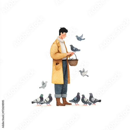 Man in yellow coat feeding pigeons in a park.