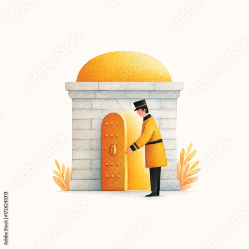 Man in yellow uniform standing at the entrance of a building with a dome.