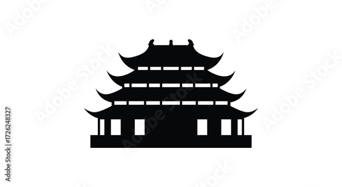 Traditional asian pagoda building design in stark black color silhouette