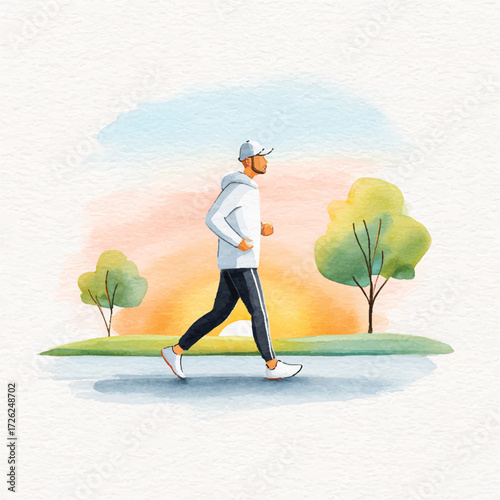 Man jogging in a park during sunset.