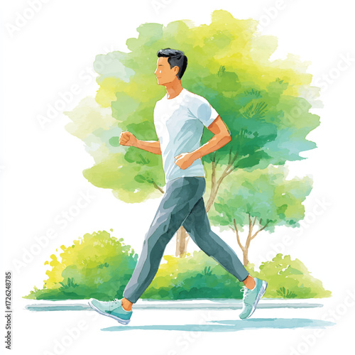 Man jogging in a park, watercolor illustration of healthy lifestyle.