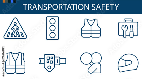 Transportation Safety Icon Set – Minimalist Line Icons of Traffic Signals, Safety Gear, and Vehicle Protection for Educational and Informational Design Projects Vector Pack