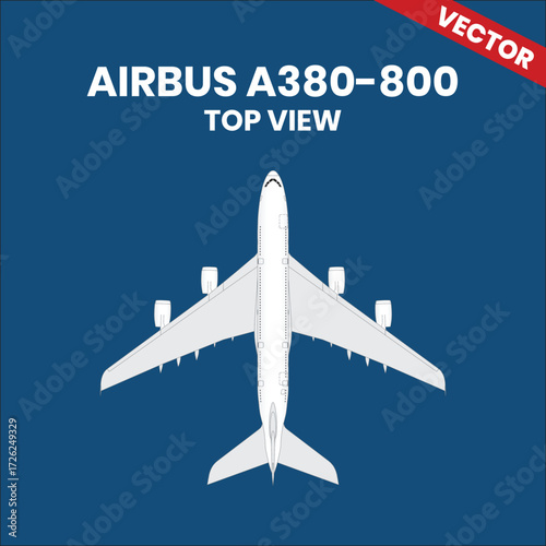 Line drawings of Airbus A380-800 aircraft top view with four jet engine 