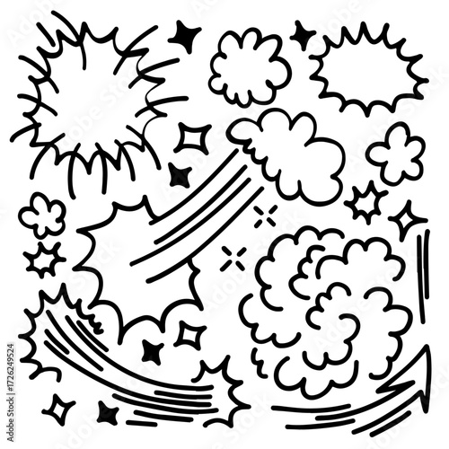 Bomb explosion in cartoon doodle style. Hand drawn comic boom bang drawing in naive outline style.