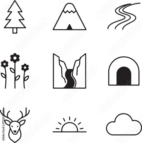 Scenic Iconography: A collection of clean, monochromatic illustrations depicts a range of outdoor elements. The simplicity of the designs creates an engaging visual experience.