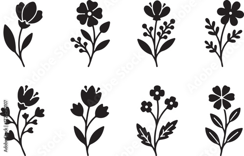 Elegant Flora Silhouettes: A collection of eight stylized floral silhouettes showcases the delicate beauty of nature, perfect for adding a touch of elegance and artistic flair to any project.