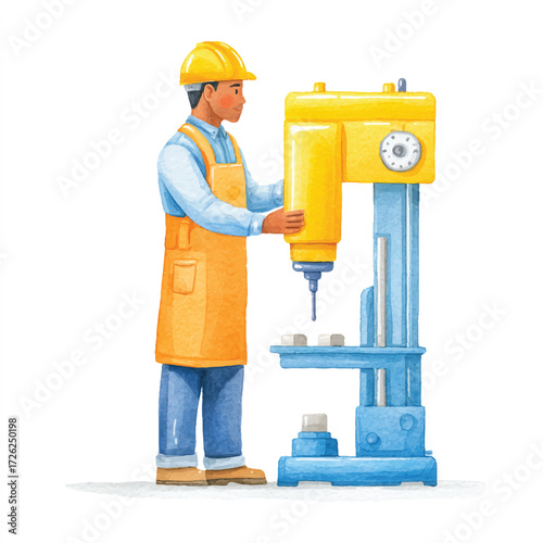 Man operating a drill press in a workshop setting.