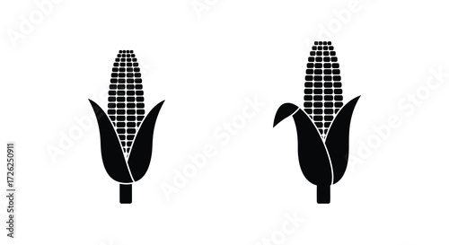 Two corn cobs with husks displayed in a simple black silhouette