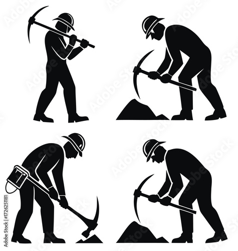 Mining and construction workers in action with pickaxes, representing hard work, effort, and industrial labor for your project needs 
