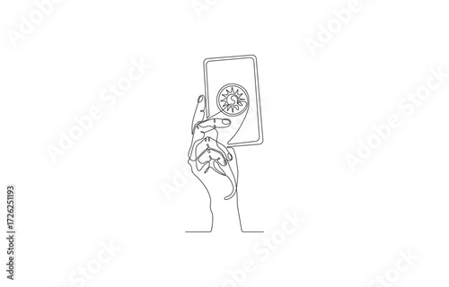 Tarot Card in Hand – Continuous One Line Drawing Mystical Minimalist Outline Vector