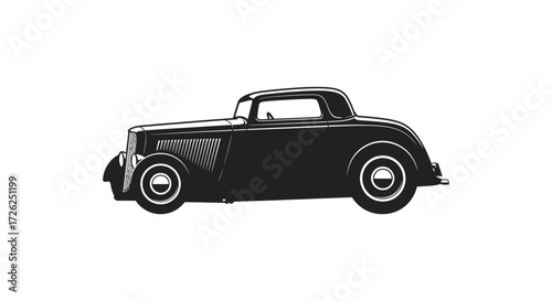 Vintage classic car side view detailed illustration black and white silhouette