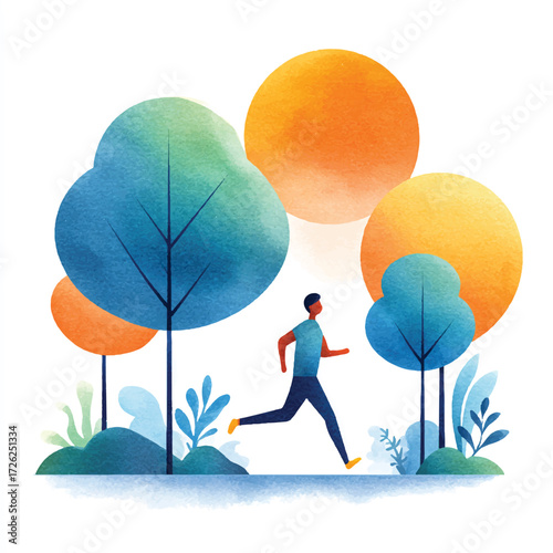Man running in a park surrounded by stylized trees and suns.