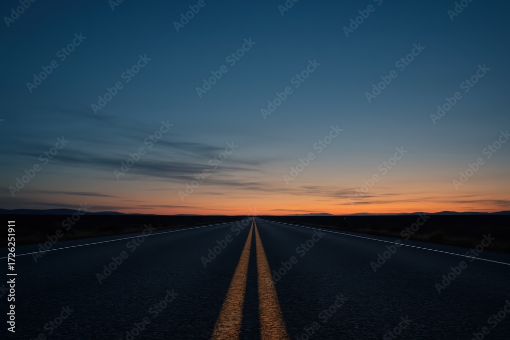 Naklejka premium Open asphalt highway at twilight with glowing horizon and dramatic evening clouds