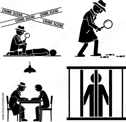 Detective Investigation, Interrogation, and Arrest Process Icon Set