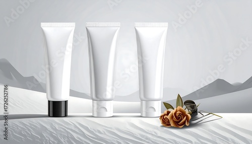 Fototapeta Naklejka Na Ścianę i Meble -  Three white tubes sit on a sand dune with roses