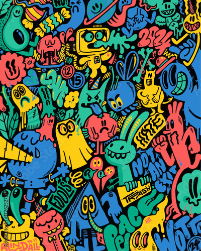 Whimsical doodle art bursting with colorful cartoon characters, perfect for playful designs, streetwear, and expressing vibrant, youthful energy