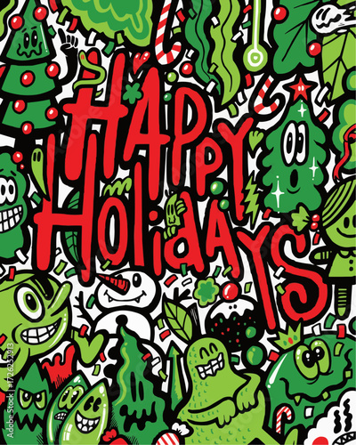 Festive Happy Holidays Doodle Art with Cartoon Characters, Perfect for Greeting Cards, Seasonal Decor, and Holiday Promotions, originally a scalable vector graphic