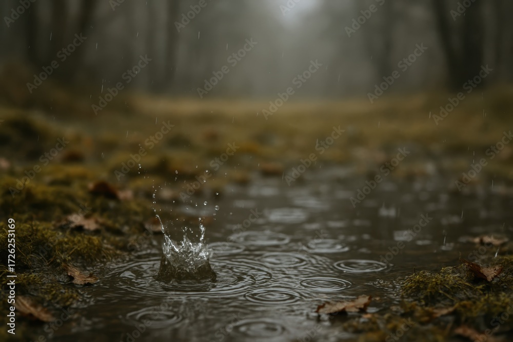 Fototapeta premium Raindrops splashing in autumn forest clearing with golden leaves soft blur