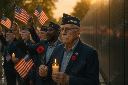 Golden hour memorial tribute with veterans silhouettes waving US flags poppies and candlelight honoring service and sacrifice with patriotism