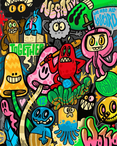 Whimsical doodle art featuring quirky, colorful characters and positive messages; perfect for adding a playful touch to any design project, expressing fun and creativity