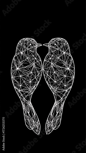 Two birds face each other, forming a heart shape.  They're rendered in a white wireframe style against a black background