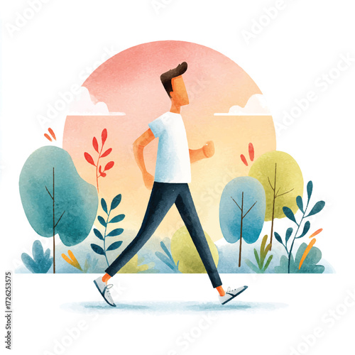 Man walking briskly in casual attire.