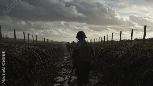 Soldiers march through a muddy trench under dramatic clouds.