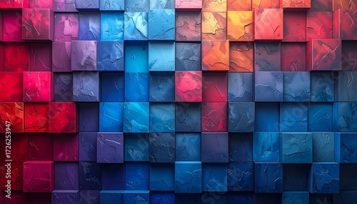 A grid of 3D square tiles with marbled textures transitions from deep reds and pinks to rich blues and purples, creating a dynamic abstract pattern with depth, color flow, and visual rhythm.
