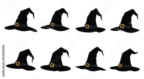 Collection of black witch hats with golden buckles a striking silhouette