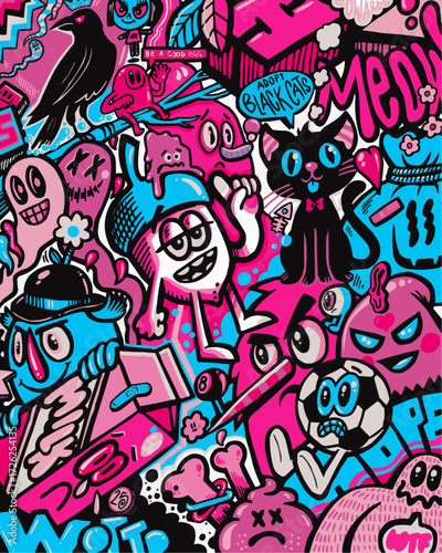 Vibrant and playful cartoon artwork bursting with colorful characters, perfect for streetwear designs, edgy branding, and creative projects