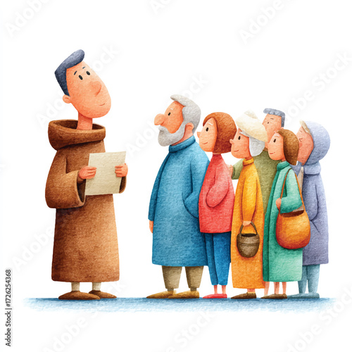Monk addresses people in line, delivering a message, sharing wisdom, offering guidance.