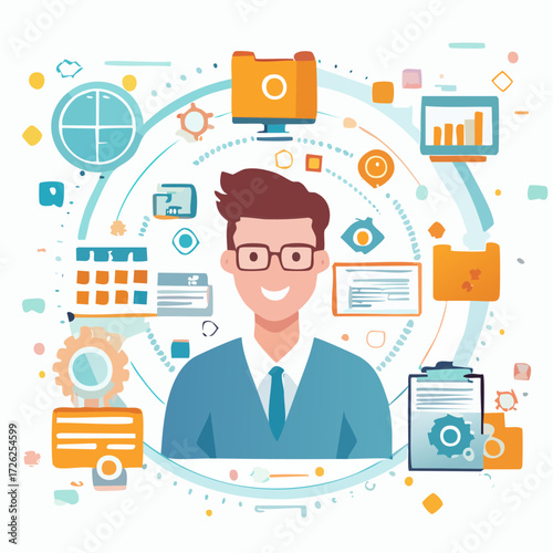 Professional businessman character managing workflow and project tasks with a digital productivity system. Flat vector illustration of office administration