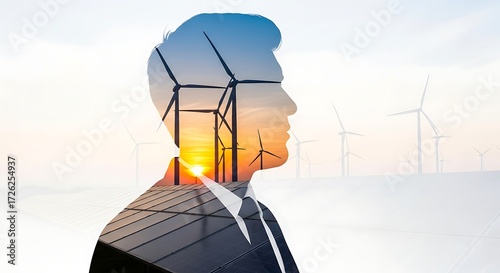 Sustainable Energy Vision Business Leader's Outlook on Wind Turbines and Solar Power at Sunset