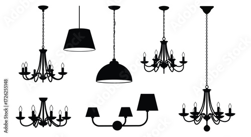 Collection of various black hanging lamps and chandeliers a striking silhouette