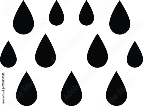 Raindrop Silhouette Set - Black Water Droplet Vector Icons Collection. Black Raindrop Silhouettes Vector Set - Water Drop Symbols